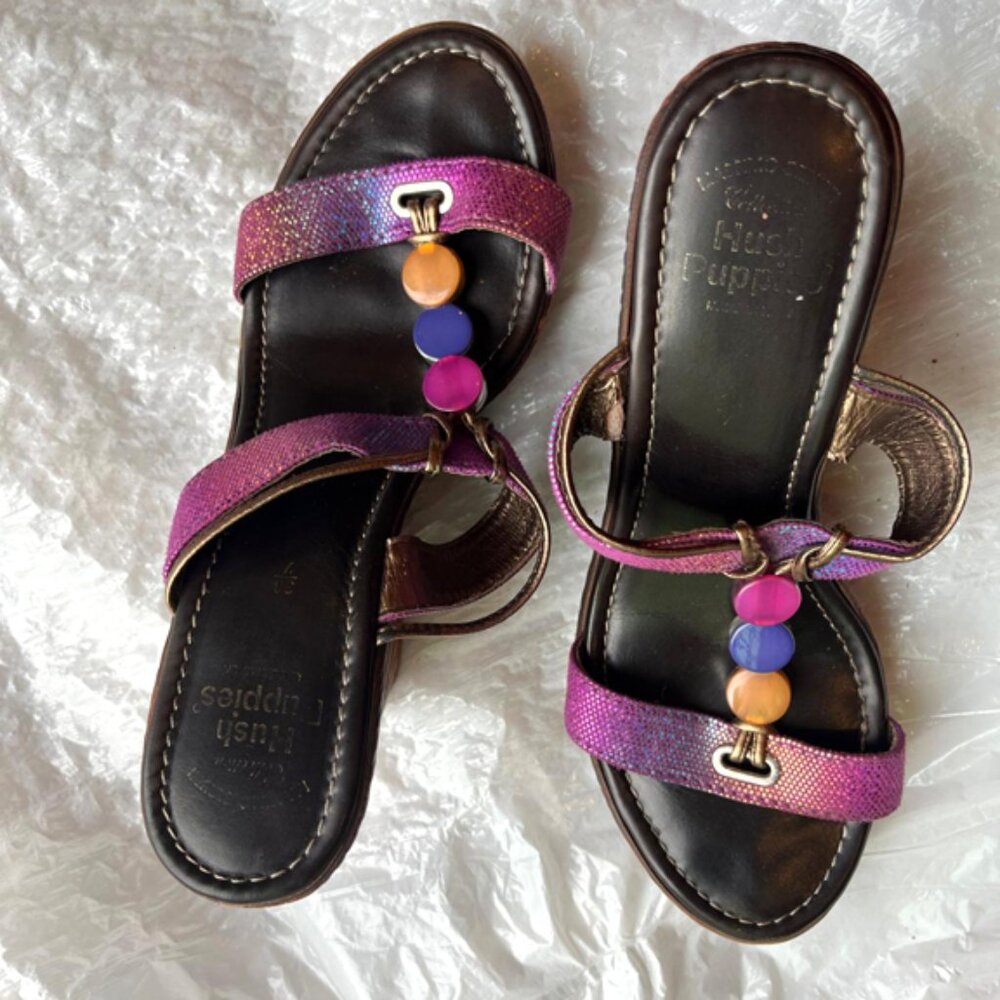 "Hush Puppies Wedge Sandals Purple Metallic Beaded 3" Wood Wedge Size 38"